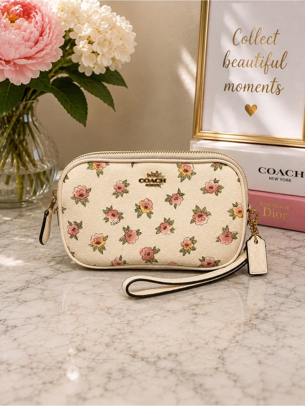 Coach Crossbody Clutch Flower Patch Print Chalk Floral Double Zip EUC
